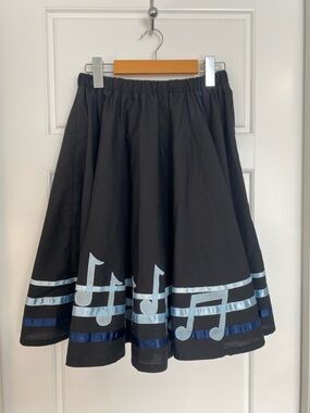 Black Circle Skirt with Light Blue Musical Note Ribbon Trim Handmade Size XS